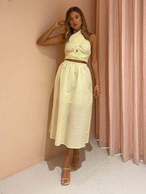 Flawless Yellow and Cream Pleated Halter Top and Midi Skirt Set